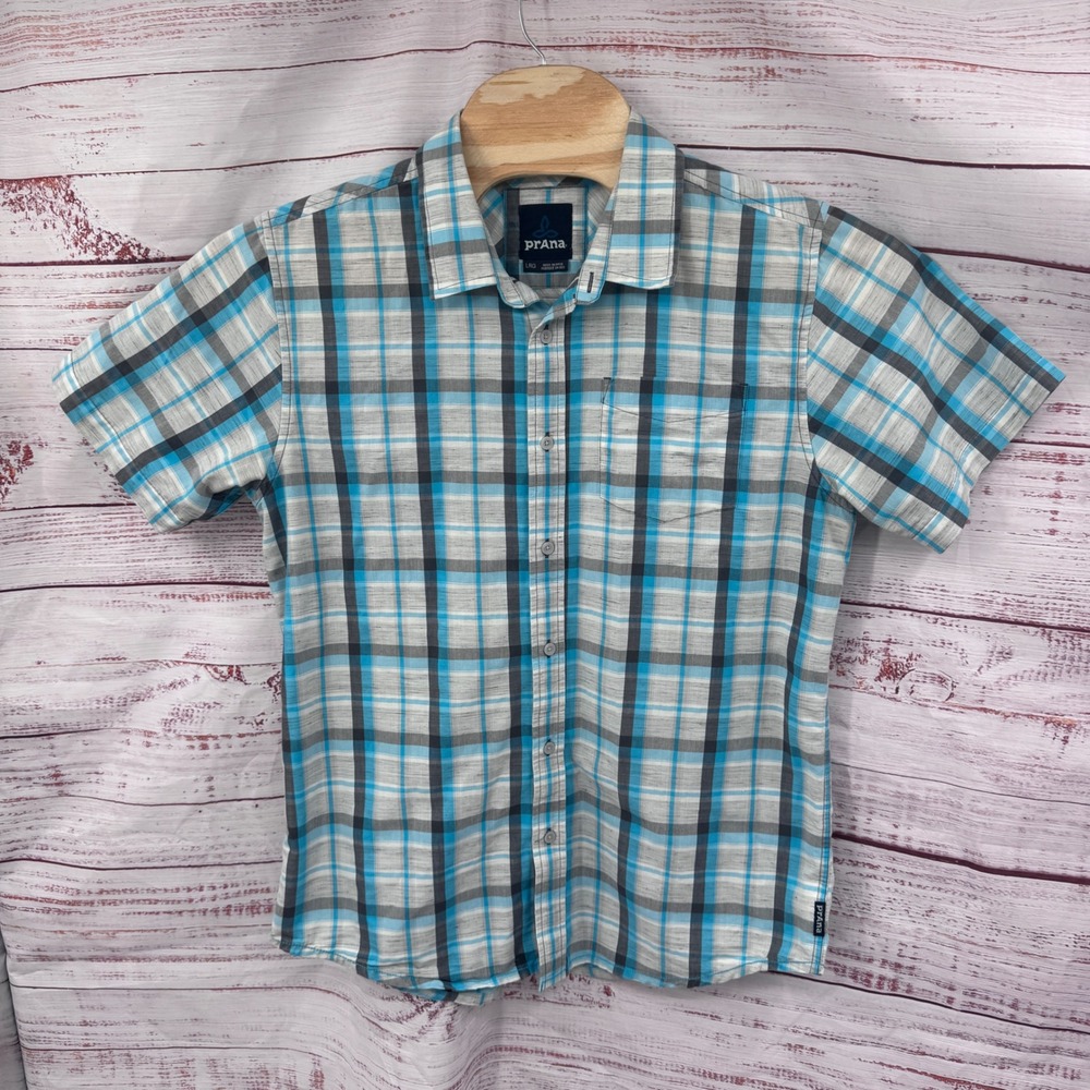 Prana Shirt Mens Large Plaid Short Sleeve Button Down Shirt Organic Cotton Blend